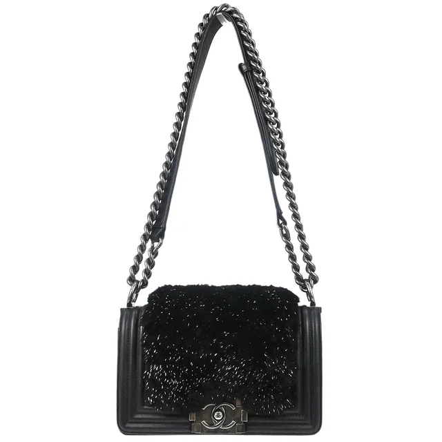 Boy Chanel 2017 Black Lambskin Lapin Fur Small Chain Shoulder Bag in Black Lambskin from AMORE Vintage Tokyo