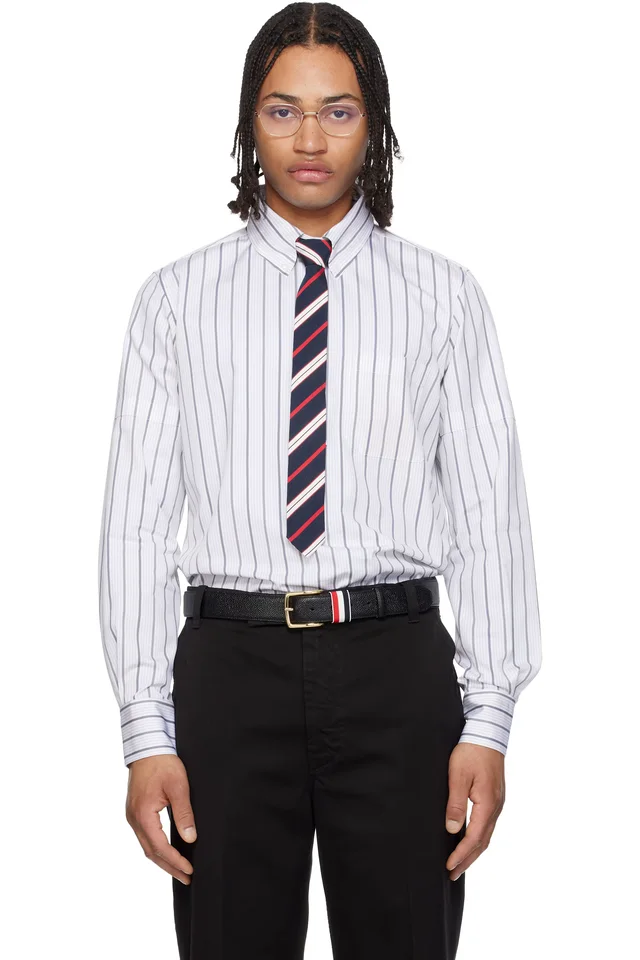 Thom Browne Gray & White Straight Fit Pop Over Self Armband Shirt, image 1 of 1 from SSENSE