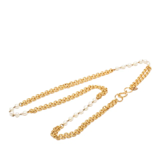 Gold Chanel Gold Plated Faux Pearl Double Strand Necklace in Gold from Designer Revival