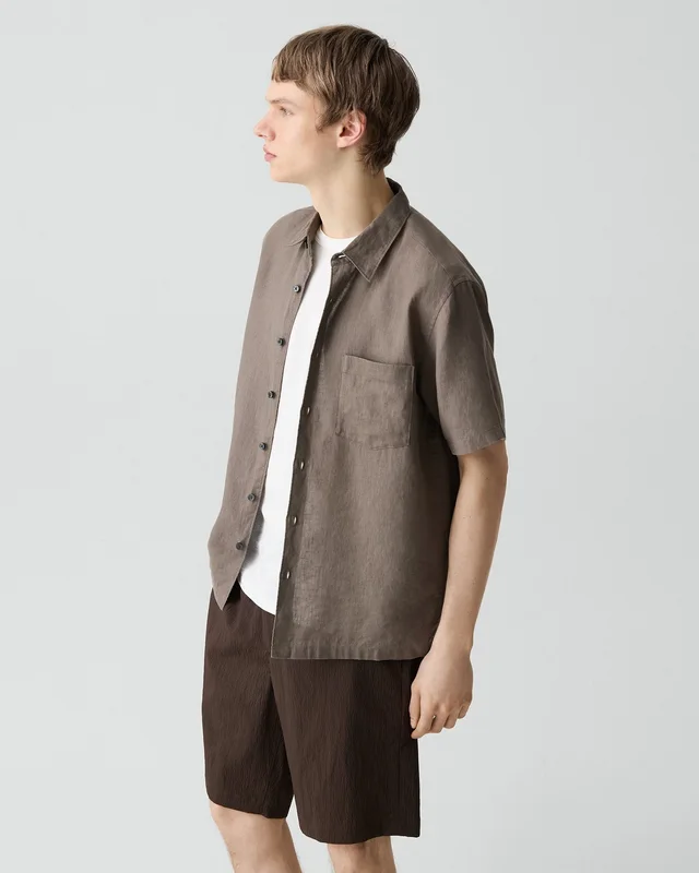 Theory Irving Short-Sleeve Shirt in Relaxed Linen in MOREL 100% Linen, photo 2 of 12 from Theory