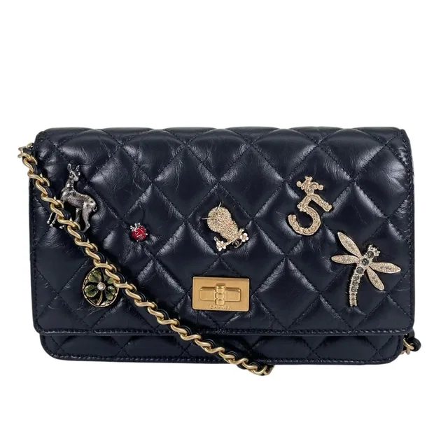 Chanel 2.55 Quilted Icon Charm Embroidery Chain Wallet Shoulder Bag Calfskin in Calfskin from The Reluxe