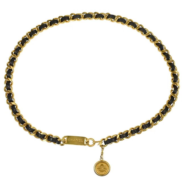 Chanel Chain Belt Medallion Gold Black Small Good in Black Leather from AMORE Vintage Tokyo