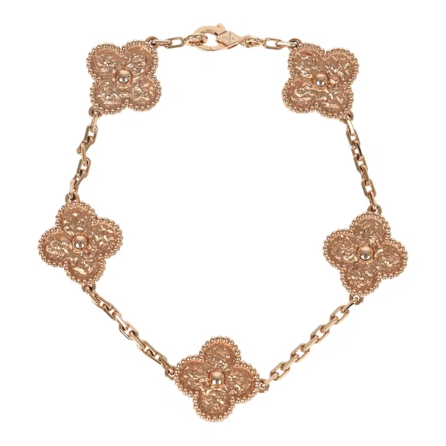 Van Cleef & Arpels Vintage Alhambra 5 Motif Bracelet Hammered 18K Rose Gold in Pink from Madison Avenue Couture