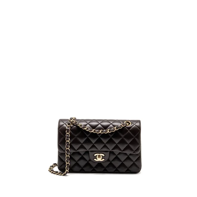 Chanel Small Classic Double Flap Bag Lambskin Dark Brown LGHW (Microchip) in Brown Lambskin from EMIER