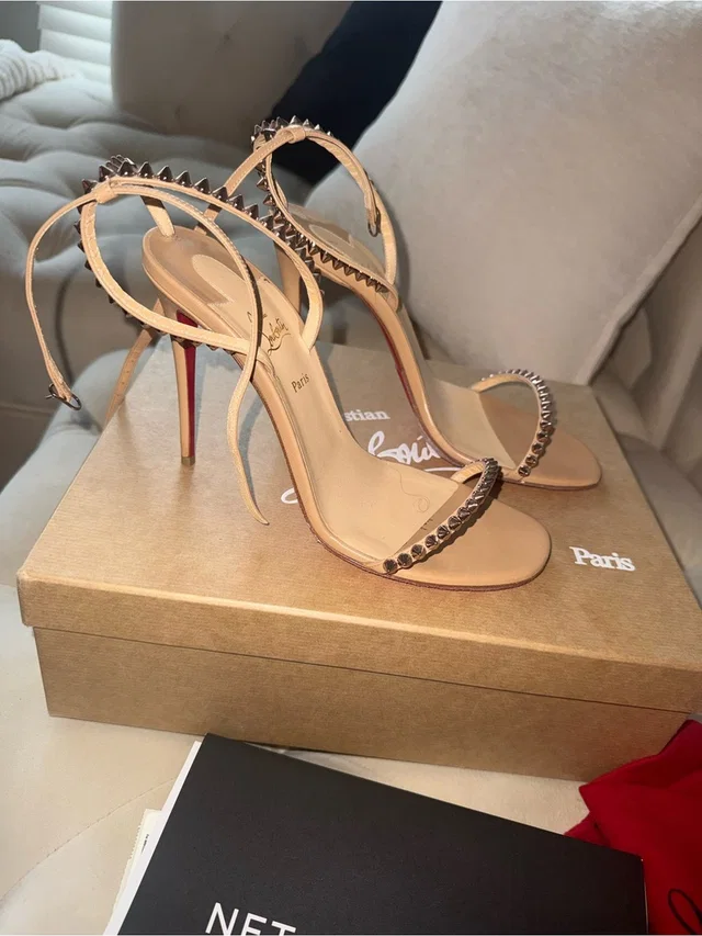Christian Louboutin Beige/Nude Spike-Stud Ankle-Strap Stiletto Sandals in brown|neutral from Poshmark