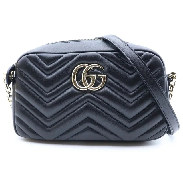 Gucci GG Marmont Quilted Nappa Leather Small Camera Bag Chain Cross Gold Black in Black Nappa leather from The Reluxe