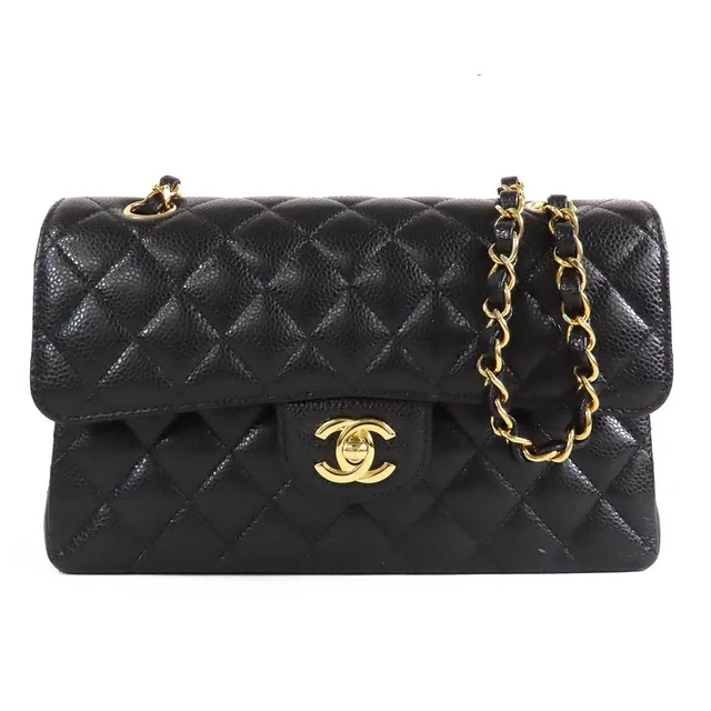 Chanel Classic Black Gold Caviar Leather Quilted 23 Double Flap Chain Shoulder in Black Caviar leather from The Reluxe
