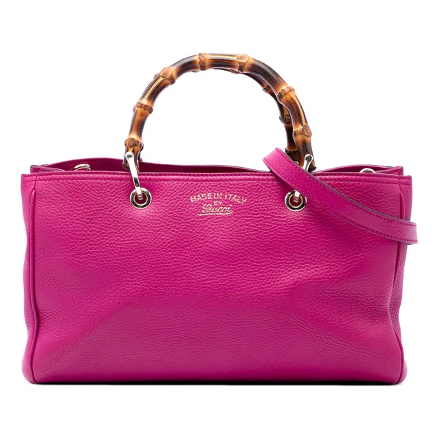 Pink Gucci Medium Calfskin Bamboo Shopper Satchel in Pink Calfskin from Designer Revival