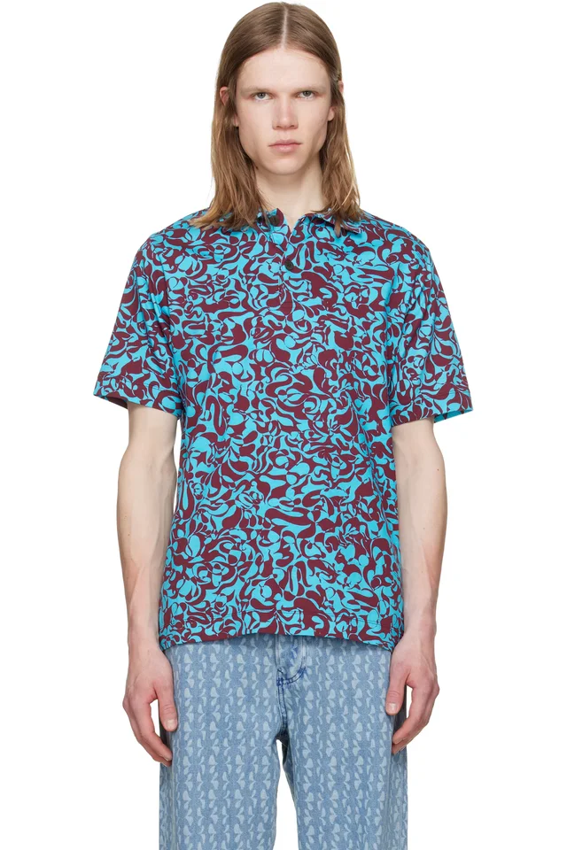 Blue & Burgundy Two-Button Polo, image 1 of 1 from SSENSE