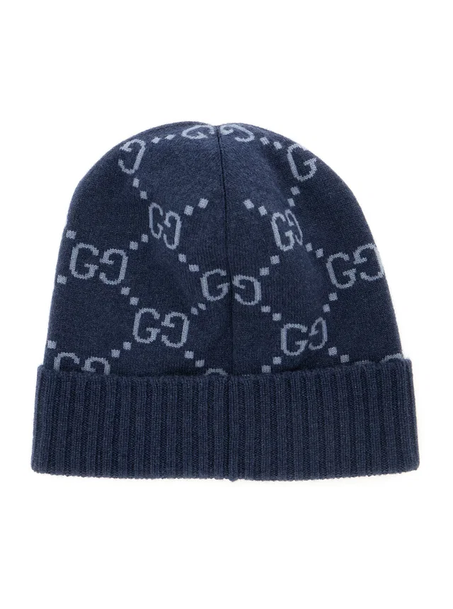 Gucci 811392 Gg All-Over Cashmere Cuff Beanie — Blue Beanies in Blue Cashmere from HEWI