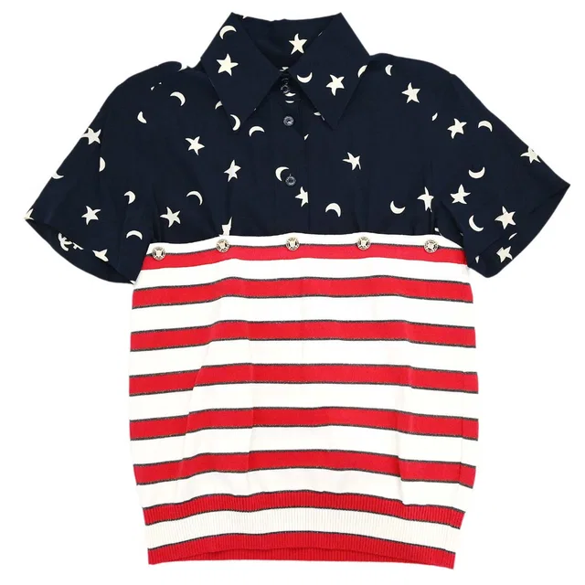 Chanel 2008 Short Sleeve American Flag Polo Shirt Top Navy Red #40 in Red Silk from AMORE Vintage Tokyo
