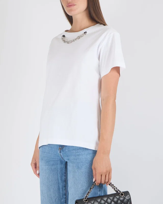 Louis Vuitton White Short-Sleeved T-Shirt with Silver Metal Chain and Logo Detail Size M (UK 10) in White from Sellier