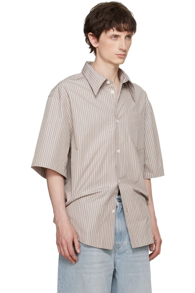 AMI Paris Beige Striped 'Ami de Coeur' Wide Shirt, photo 2 of 3 from SSENSE