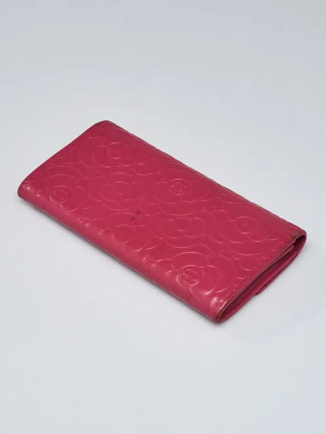 Chanel Dark Pink Black Camellia Embossed Lambskin Leather L Flap Wallet in Black Lambskin from Yoogis, photo 2 of 5