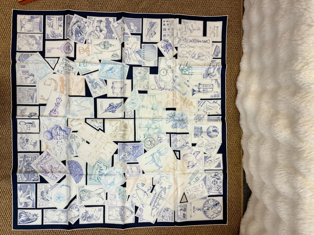 Hermès “Fubao Philatelic” 90cm Silk Scarf – Navy Blue / White – 100% Silk – Hand-rolled Edge in White Silk from Luxury Promise