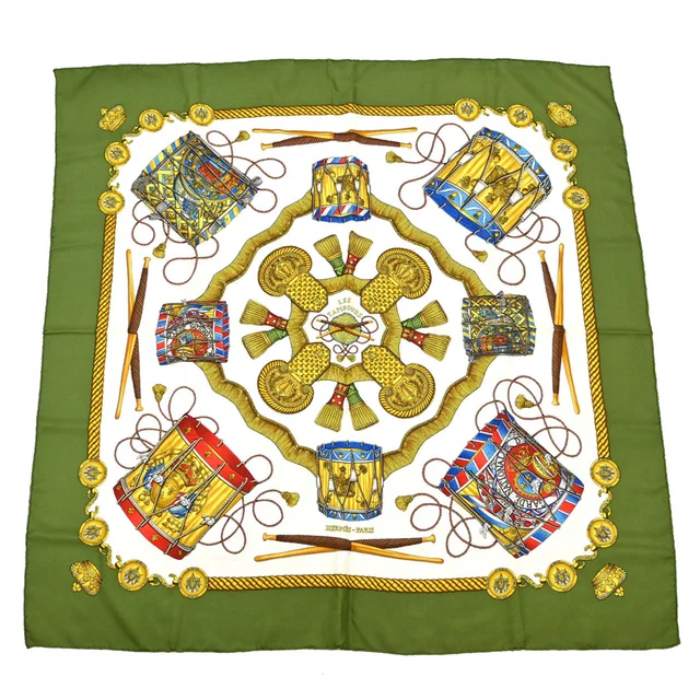 Hermès Scarf Carre 90 Les Tambours Green Small Good in Green Silk from AMORE Vintage Tokyo