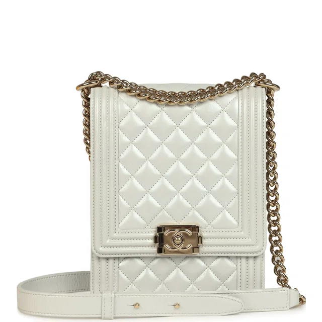 Chanel North South Boy Bag Light Grey Iridescent Calfskin Light Gold Hardware in Grey Calfskin from Madison Avenue Couture