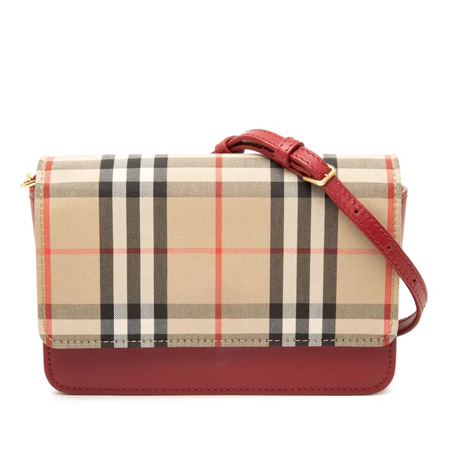 Red Burberry House Check Trimmed Leather Flap Crossbody in Red Leather from Designer Revival