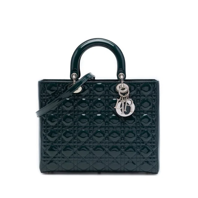 Green Dior Large Patent Cannage Lady Dior Satchel in Green Patent leather from Designer Revival