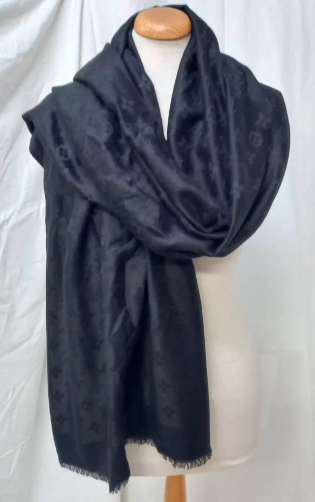 Louis Vuitton Monogramed Silk Shawl Scarf in Black Silk from Oxfam Online Shop