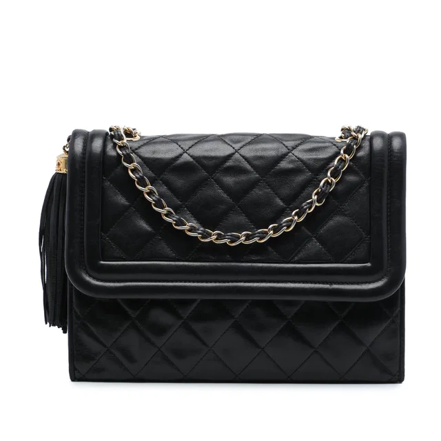 Black Chanel Quilted Lambskin Tassel Flap Crossbody Bag in Black Lambskin from Designer Revival