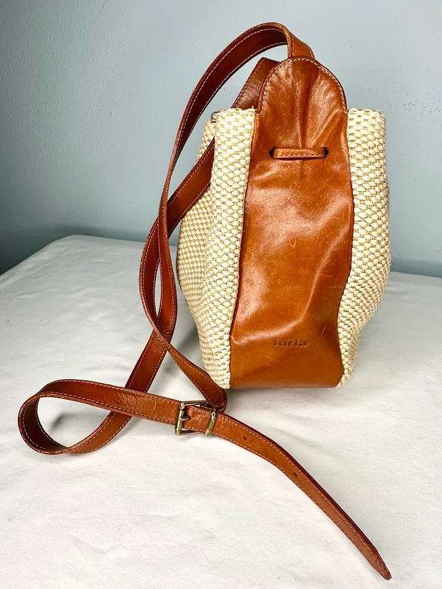 Furla Tan Leather & Cream Woven Straw/Raffia Crossbody Bucket Bag in brown|neutral Woven leather from Poshmark