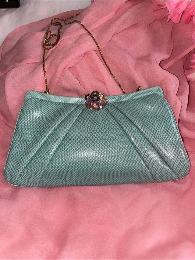 Judith Leiber Seafoam Green Clutch With Jeweled Clasp in green from Poshmark