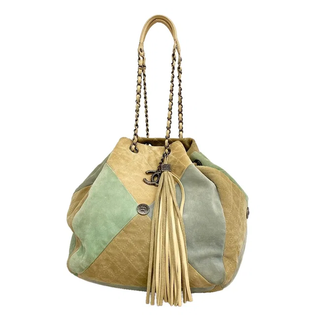 Chanel Shoulder Bag Quilted Suede Beige Green Blue Silver in Beige Suede from The Reluxe