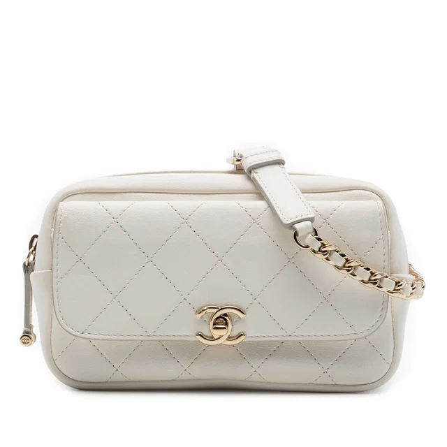 White Chanel Quilted Goatskin Casual Trip Waist Bag in White Goatskin from Designer Revival