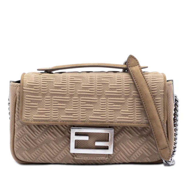 Beige Fendi Zucca Embossed Technical Fabric Chain Midi Baguette Shoulder Bag in Beige Nylon from Designer Revival