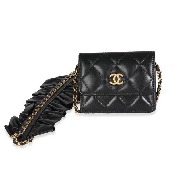 Chanel Black Quilted Lambskin Ruffled Card Holder On Chain Leather Handbag in Black Lambskin from HEWI