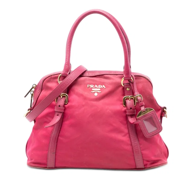 Pink Prada Saffiano Trimmed Tessuto Dome Satchel in Pink Saffiano leather from Designer Revival