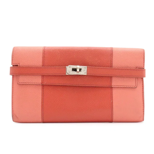 Hermès Kelly Wallet Flag Bifold Bicolor Veau Epsom Corail Flamingo Silver Mark in Silver Epsom leather from The Reluxe