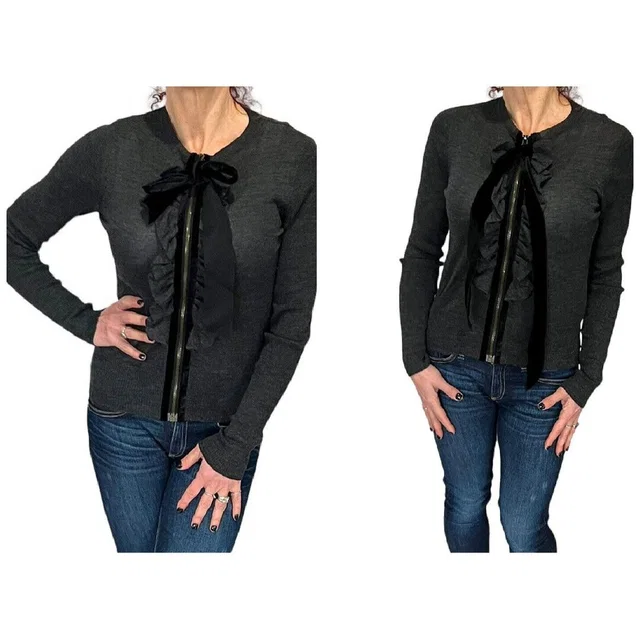 Lanvin River 2003 Gray Wool Silk Ruffle Zip Front Velvet Bow Cardigan Sweater S in gray Velvet from Poshmark