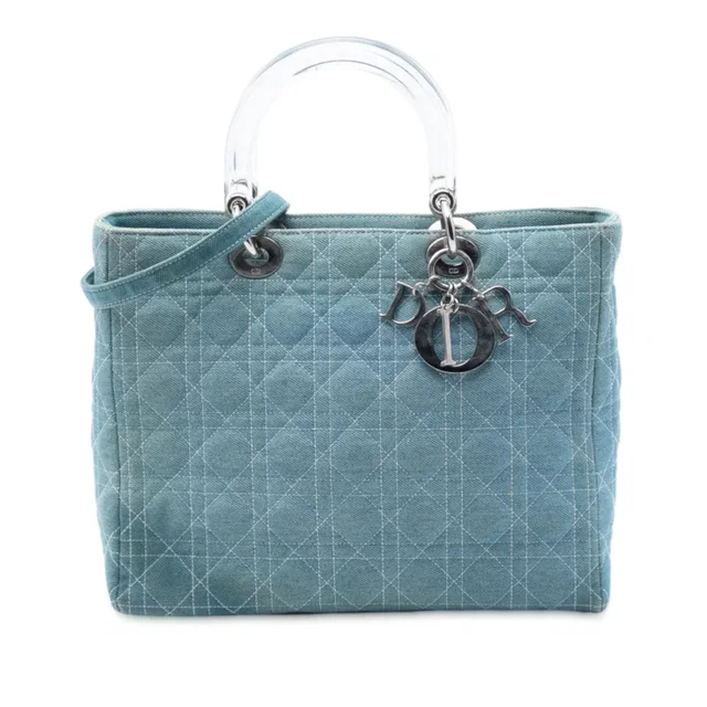 Blue Dior Large Denim Cannage Acrylic Handles Lady Dior Satchel in Blue Denim from Designer Revival