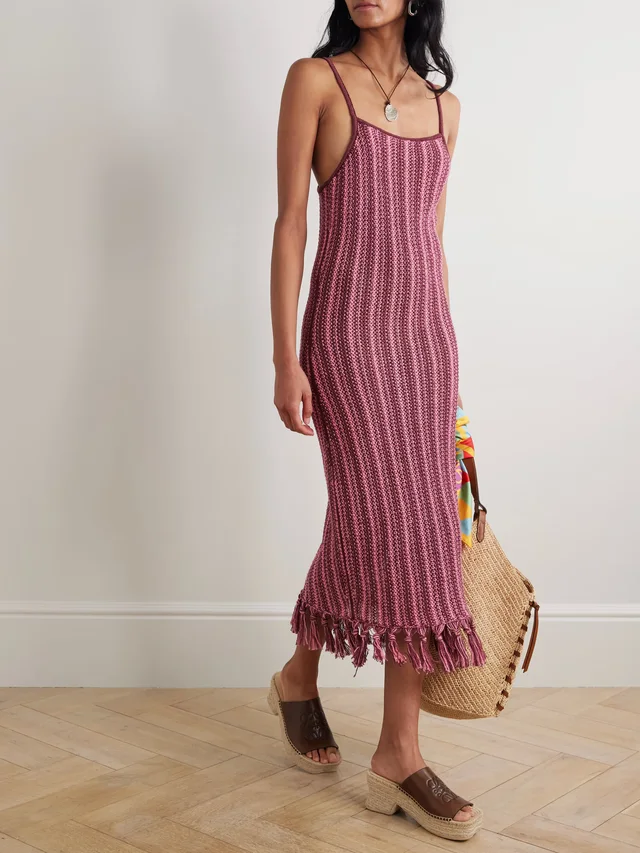 THE ELDER STATESMAN Fringed striped open-knit cotton midi dress in Pink, photo 2 of 2 from NET-A-PORTER (Canada)