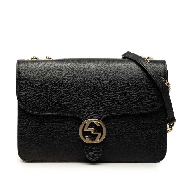 Black Gucci Medium Dollar Calfskin Interlocking G Crossbody in Black Calfskin from Designer Revival