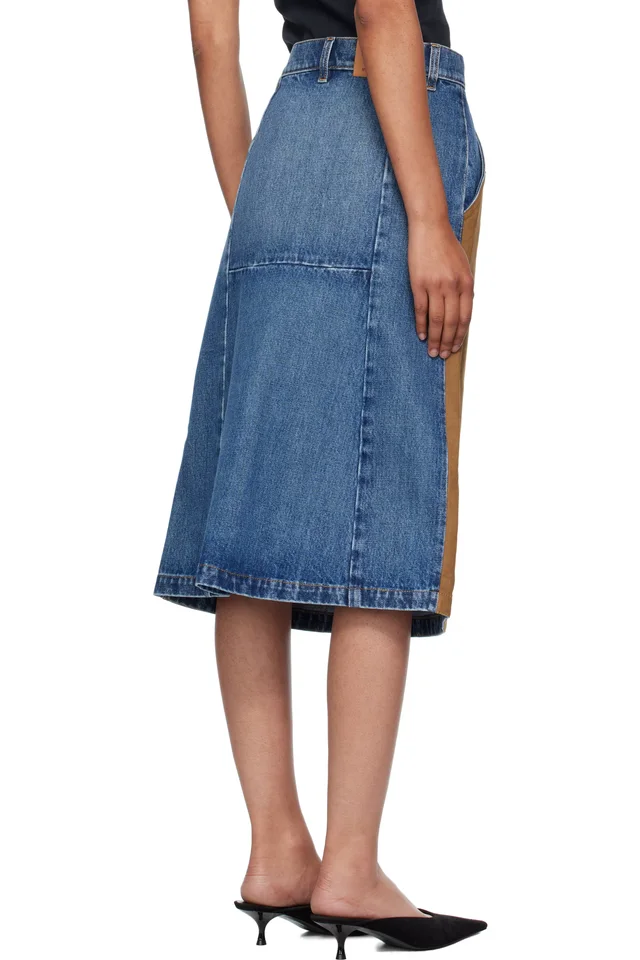 Stella McCartney Blue & Tan Mixed Denim & Faux-Suede Midi Skirt, photo 3 of 4 from SSENSE