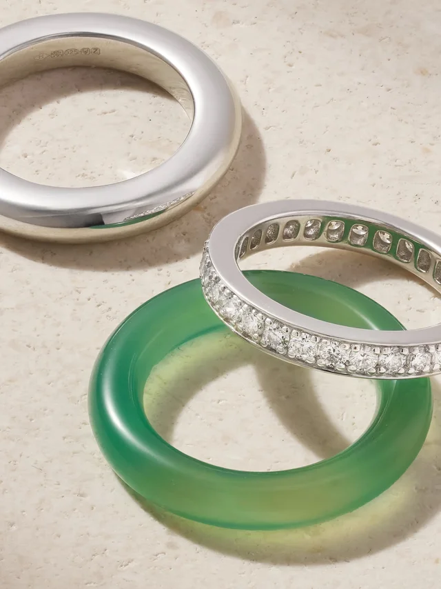 BY PARIAH Kalahari set of three sterling silver, chalcedony and diamond rings in green 40% Chalcedony 40% Sterling silver 20% Diamond, photo 3 of 5 from NET-A-PORTER (Canada)