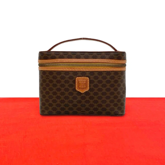 Celine Vintage Macadam Blason Pattern Triomphe Leather Handbag Vanity Bag Brown in Brown Leather from The Reluxe