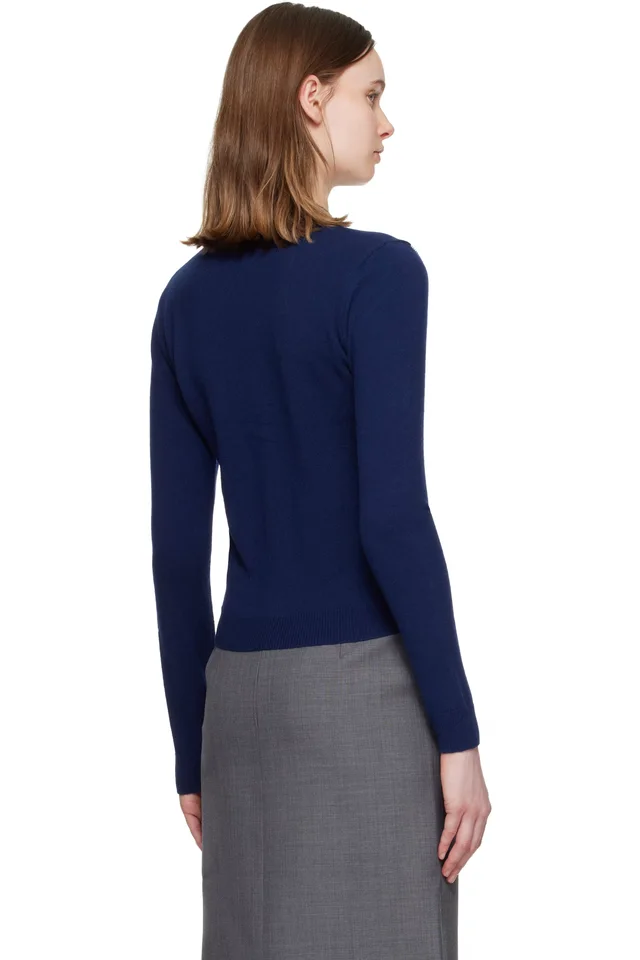 SHUSHU/TONG Navy Pin-Tuck & Threadwork Knit Sweater, photo 3 of 4 from SSENSE