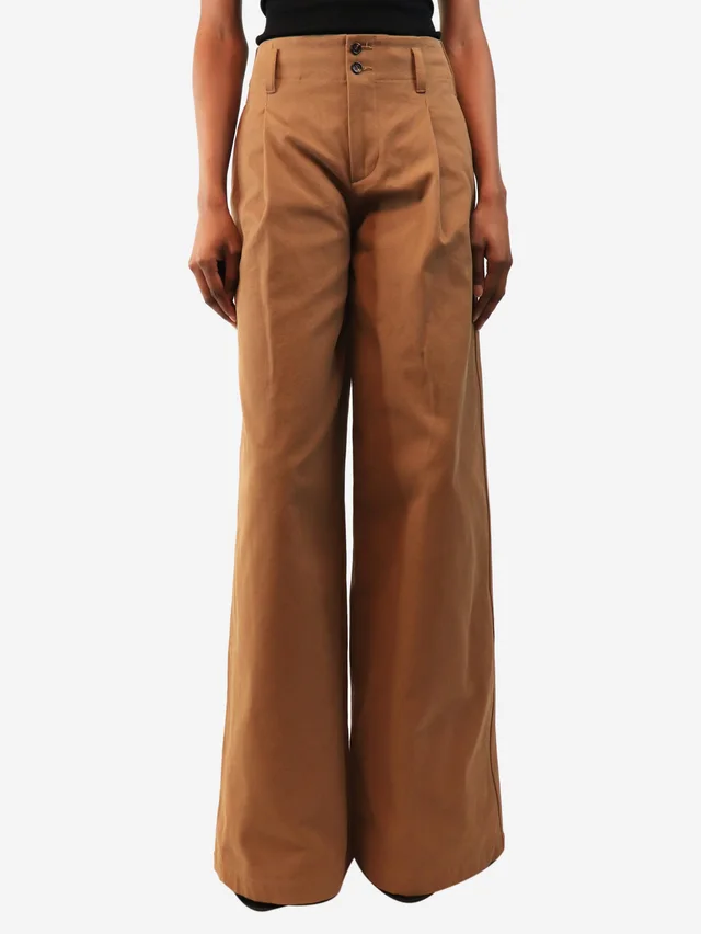 Chloé Brown cotton pleated wide-leg trousers - size UK 6 in Brown from Sign of the Times
