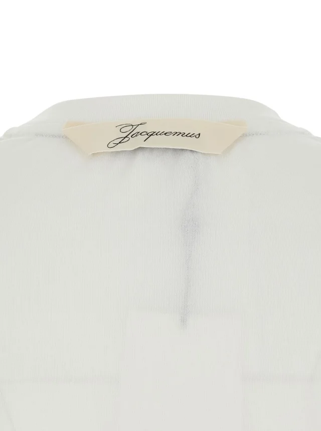 JACQUEMUS 'LE TSHIRT VENTADOU' White Crew neck T-shirt with gros grain logo on the back in fabric for women in White 57% Paper 43% Polyester, photo 5 of 6 from Gaudenzi Boutique