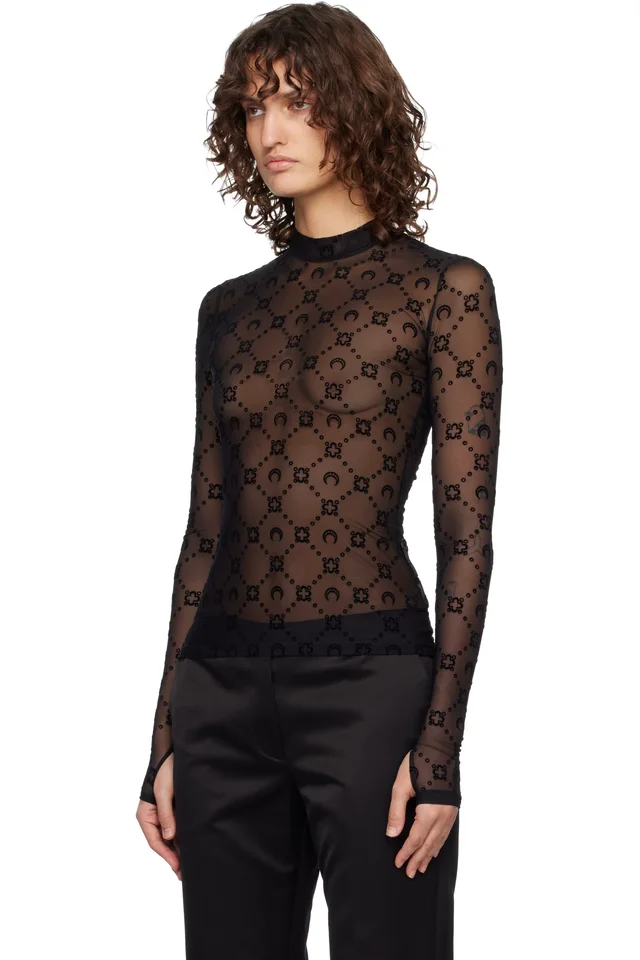 Marine Serre Black Moonogram Mesh Flock Second Skin Top, photo 4 of 5 from SSENSE