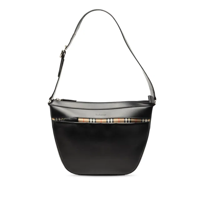 Black Burberry House Check Trimmed Leather Shoulder Bag in Black Leather from Designer Revival