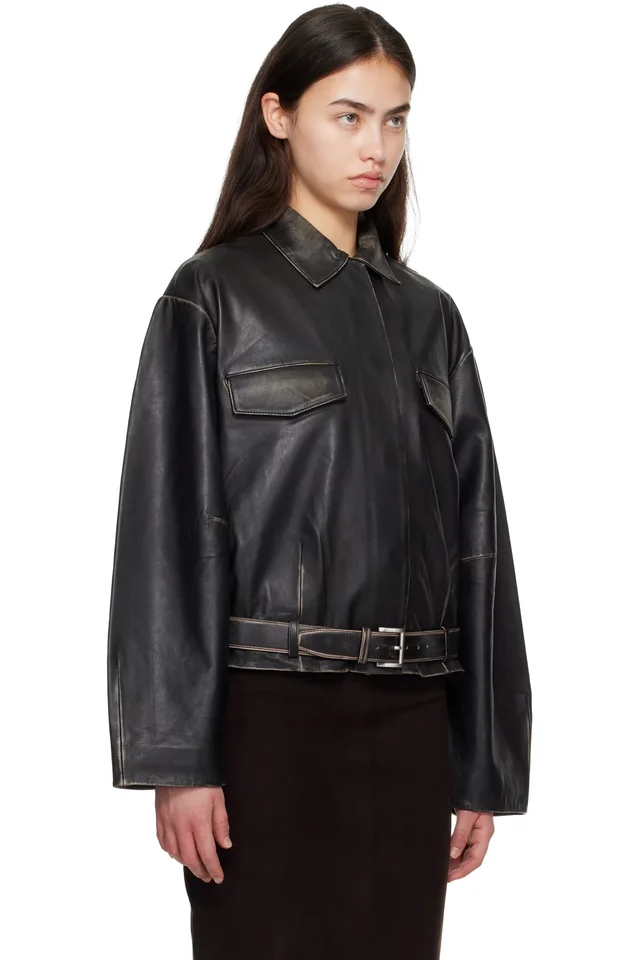 St. Agni Black Brushed Belted Leather Jacket, photo 2 of 4 from SSENSE