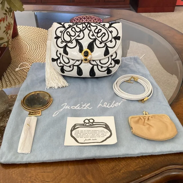 Judith Leiber White Karung/Black Embroidery Handbag in black|white from Poshmark, photo 1 of 1