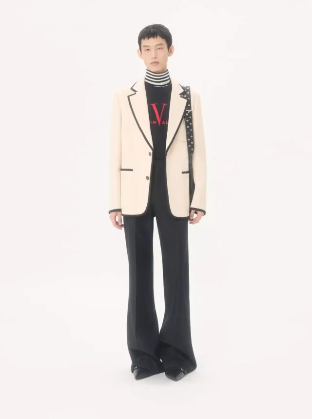 Valentino Pants with Flared Design and Pleats on Front and Back in Nylon and Wool Gabardine Black Men in Black 55% Polyester 45% Virgin Wool, photo 7 of 8 from Gaudenzi Boutique