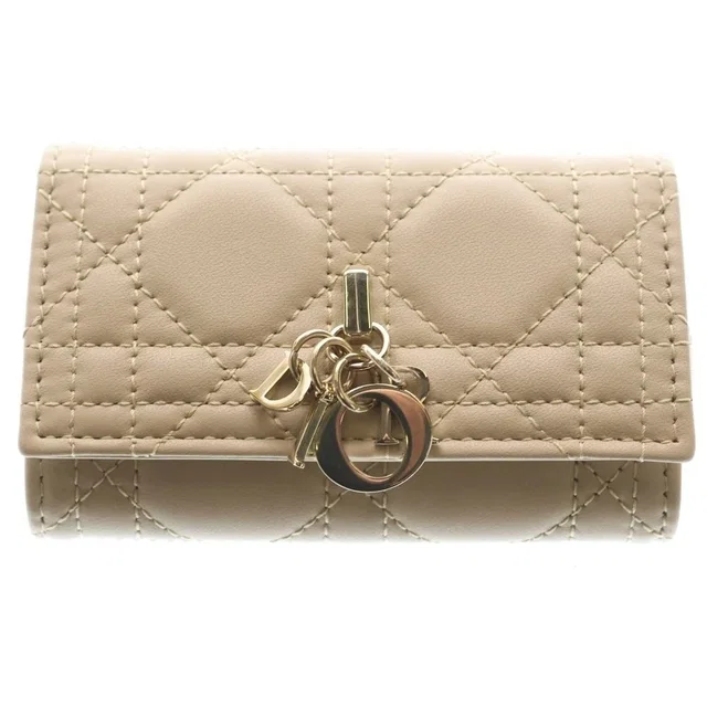 Dior Cannage Key Case Sling Bag Charm Leather Beige Gold in Beige Leather from The Reluxe