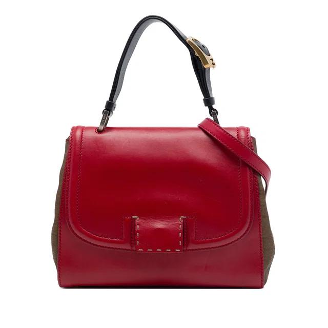 Red Fendi Leather and Pequin Canvas Selleria Silvana Satchel in Red Canvas from Designer Revival